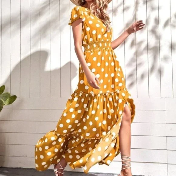 yellow polka dot print ruffle hem maxi dress - Picture 2 of 7